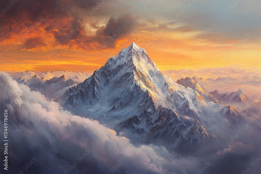 Majestic snow-capped peak at sunset, clouds below Majestic snow-capped peak at sunset, clouds below