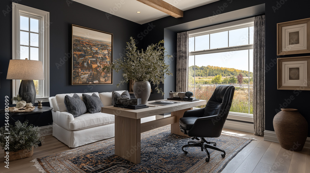 Fototapeta premium Modern Home Office Design: A stylish and functional home office space with dark walls, a large window with a scenic view, comfortable seating and a modern desk.
