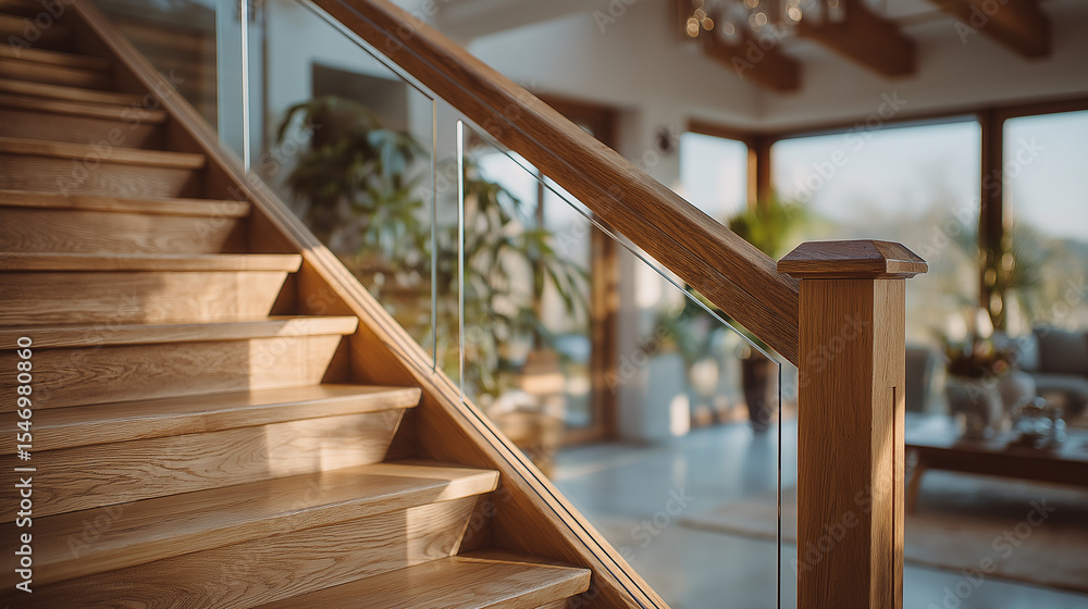 Obraz premium Modern Staircase Design: A wooden staircase with glass railing ascends into a sunlit home, blending contemporary design with natural light.