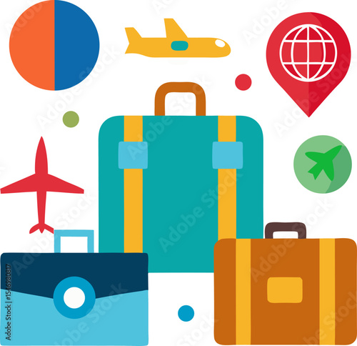Colourful travel icons, suitcase, plane, passport, passport stamps vector with white background.