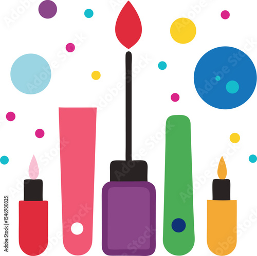 Fashion manicure icons, nail polish, brush, colourful drops vector with white background.