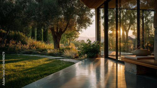 A light-filled interior room with a wooden floor and a large glass window or balcony door offers a luxury view of the home garden at sunset
