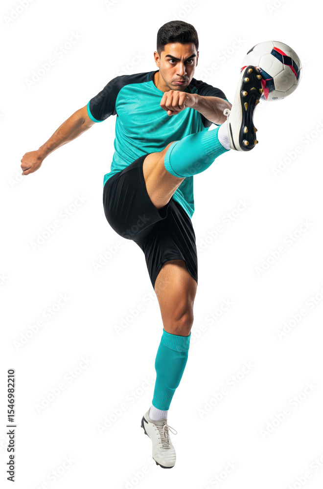 Fototapeta premium A professional soccer player executing a high volley kick. A dynamic footballer in a teal uniform connecting with the ball mid air for a powerful shot. Transparent PNG action shot.