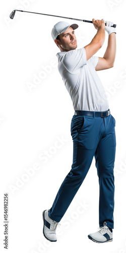 A male golfer executing a full swing with perfect form. A professional player concentrating on his shot during a round of golf, a dynamic sports image as a transparent PNG.