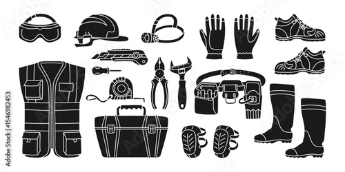 Builders equipment and clothing, silhouette set. Vest, headlamp and gloves belt, toolbox knife boots shoes helmet protective glasses pliers wrench. Building tools construction equipment service vector