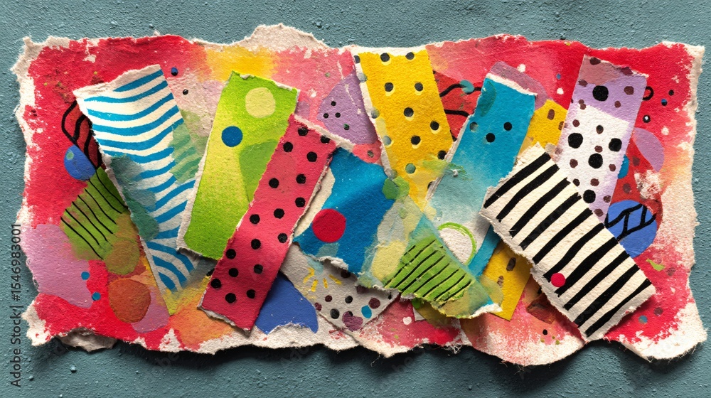 Obraz premium A playful collage using vibrant torn washi tape pieces create an abstract art, full of textures.