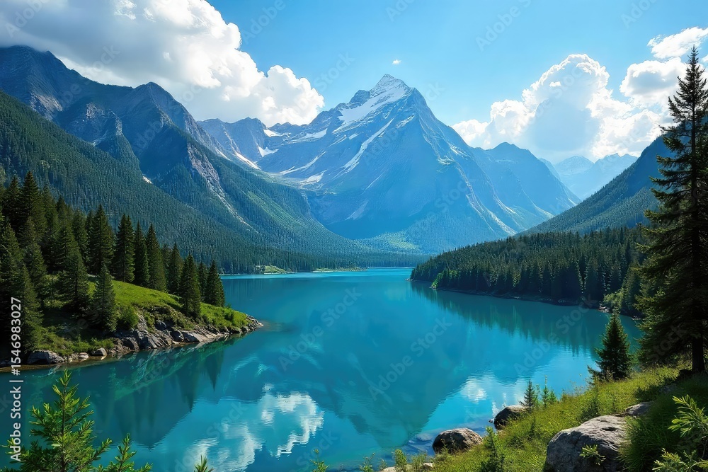 Fototapeta premium A breathtaking panoramic view of a pristine mountain range, lush forests, and a crystal-clear lake under a vibrant blue sky Perfect for travel, nature, and adventure themes , nature, calm, mountains