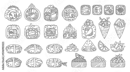 Sushi cartoon doodle set. Traditional Asian Japanese food big set. Different Sushi seafood Philadelphia, maki roll California, nigiri sashimi flat linear vector for oriental menu cafe bar restaurant