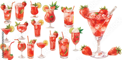 Strawberry daiquiri watercolor clipart | Strawberry daiquiri clipart for graphic resources