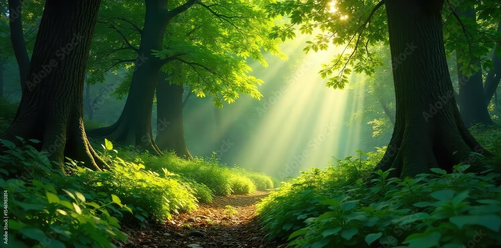 Obraz premium Sunlight streams through lush green leaves, illuminating a vibrant forest floor dappled with light and shadow; a scene of pure, untamed natural beauty , sunlight, summer