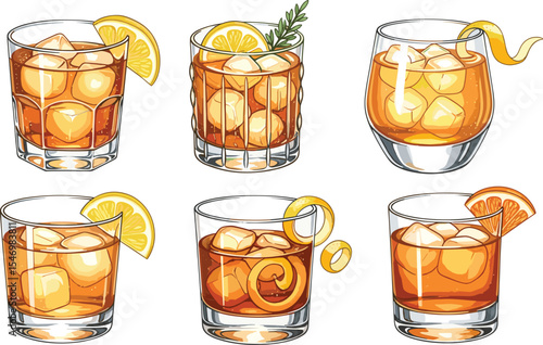 Set of six Penicillin cocktails in clear glasses with ice cubes, lemon slices, citrus peel, and herbs. Watercolor illustrations of blended Scotch whisky