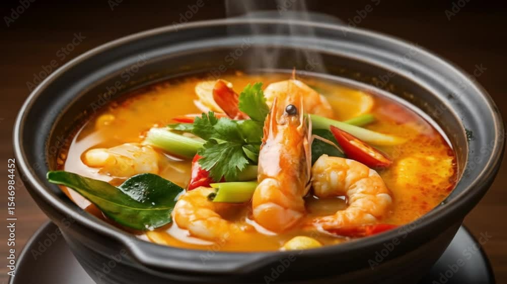 Spicy shrimp soup in black bowl Spicy shrimp soup in black bowl