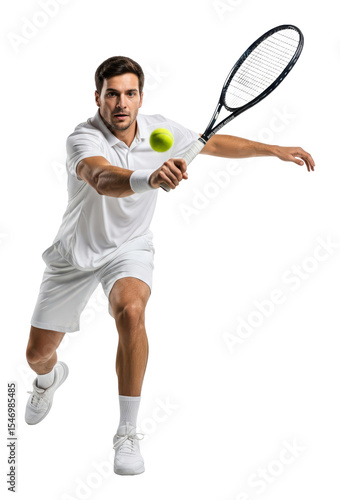 A professional male tennis player hitting a powerful forehand shot. An athlete in white sportswear in dynamic motion during a match, a concept of action and sport. Transparent PNG.