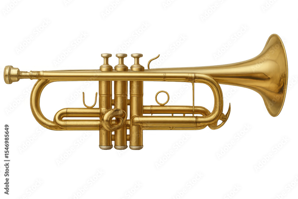 Fototapeta premium Horizontal close-up of a shiny brass trumpet isolated on a transparent background, perfect for music-themed projects