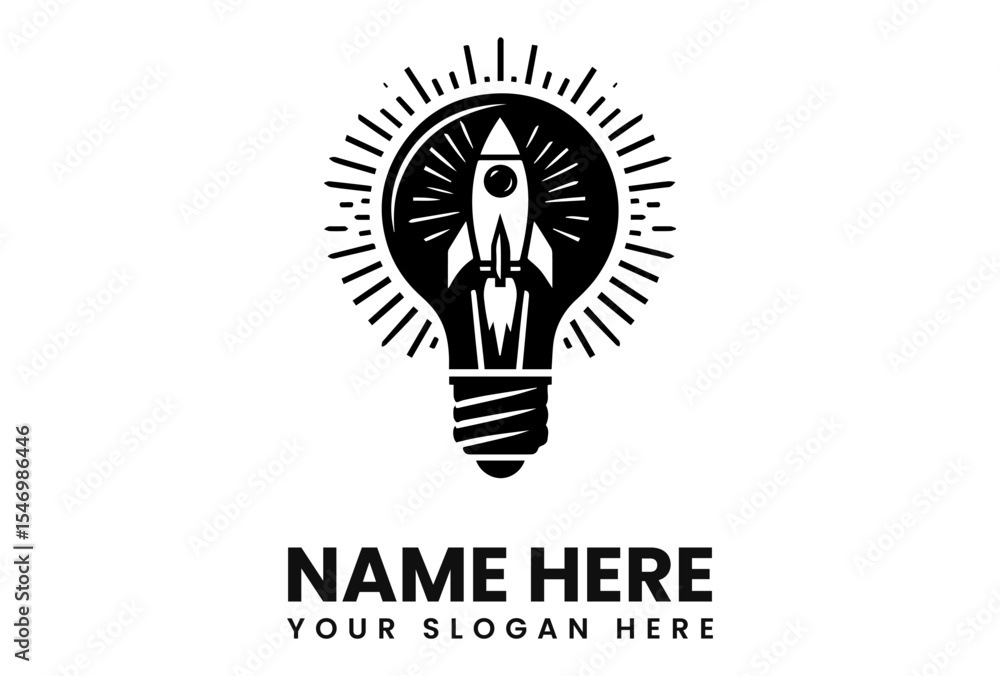 A rocket ship launches from the inside of a lightbulb, surrounded by radiating lines. A rocket ship launches from the inside of a lightbulb, surrounded by radiating lines.