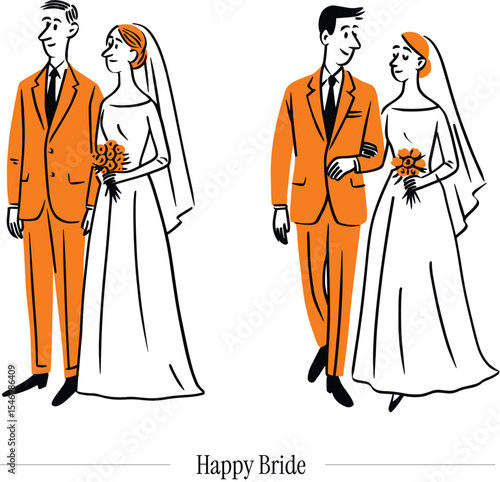 Illustration of a Happy Bride and Groom on Their Wedding Day