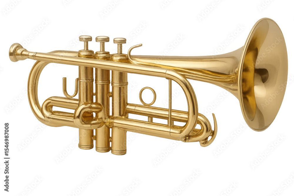Fototapeta premium Close-up of a shiny brass trumpet, isolated on a transparent background, ready for musical performance