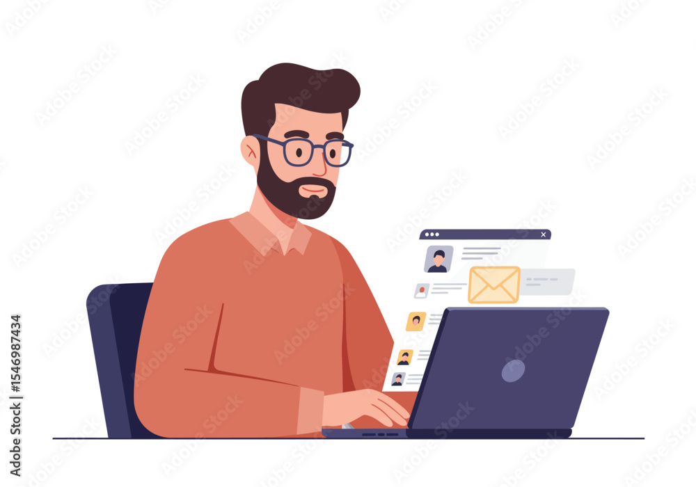 A bearded man with glasses is using a laptop with icons and email graphics in the background A bearded man with glasses is using a laptop with icons and email graphics in the background
