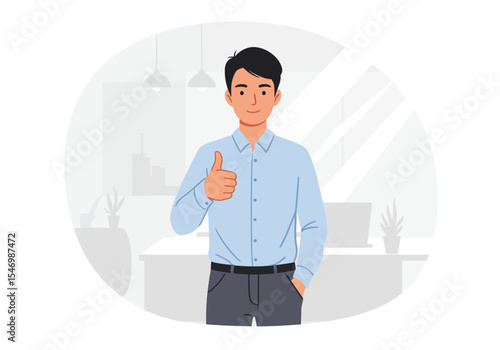 A man in a blue shirt gives a thumbs up in an office setting