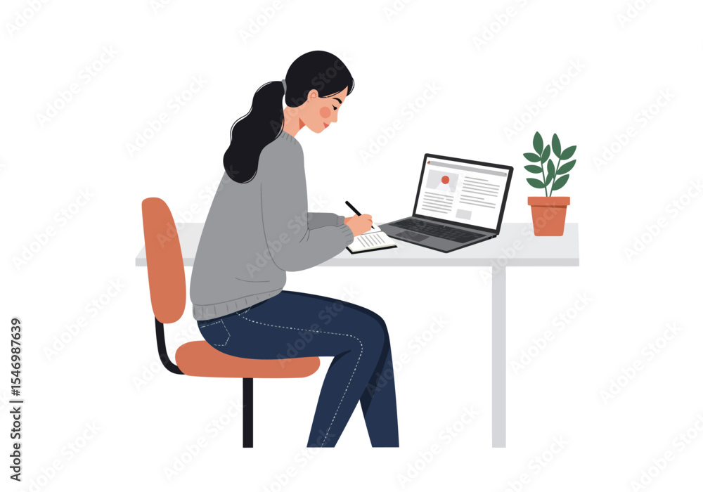 A woman works at a desk with a laptop and plant A woman works at a desk with a laptop and plant