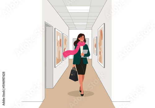 A woman strides down an artlined hallway holding a tablet and bag scarf billowing