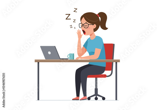 A woman with glasses yawning at her desk with a laptop and coffee cup