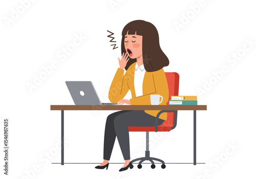 A yawning woman sits at a desk hand to mouth laptop visible