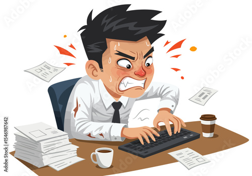 An agitated man at a desk stressed and sweating with papers and coffee around