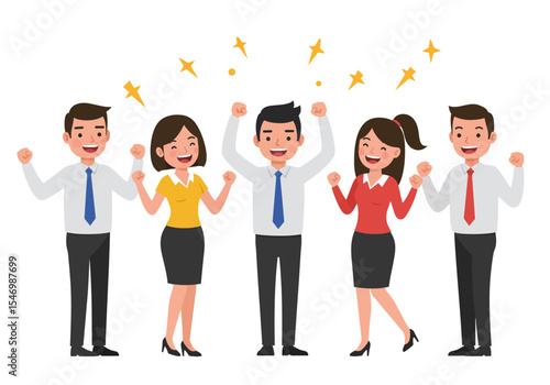 Five cheerful cartoon business figures celebrate success with hands raised under golden starbursts