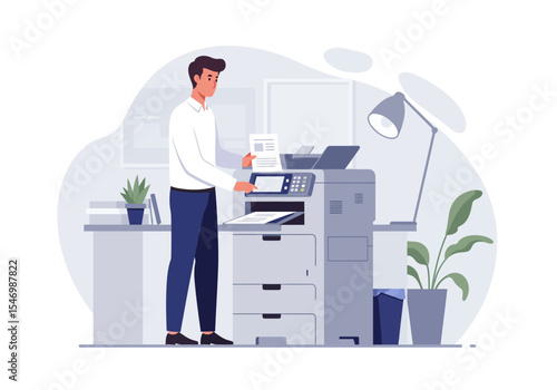 Man near a large office printer holding papers in a modern office setting with desk lamp and plants