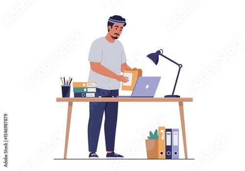 Man sorts through files at desk with laptop lamp  pencils