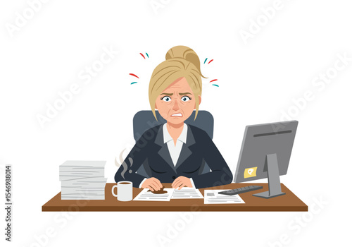 Stressed businesswoman at desk with coffee spill computer and stack of papers