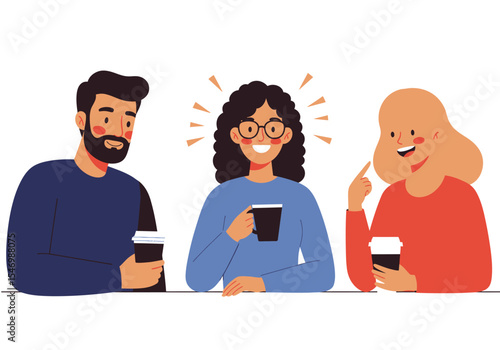 Three smiling people sit side by side two holding cups the center person has lightbulblike effects above their head