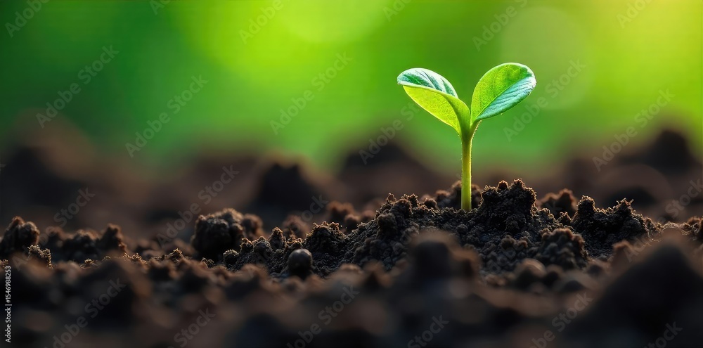 Fototapeta premium A close-up shot of a sprouting seed pushing through rich, dark soil, symbolizing the primal urge of life emerging from hunger and earth's embrace , creation, hunger, earth