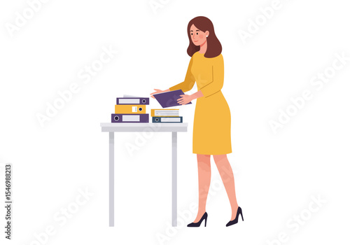 Woman in yellow dress stacks folders on a table