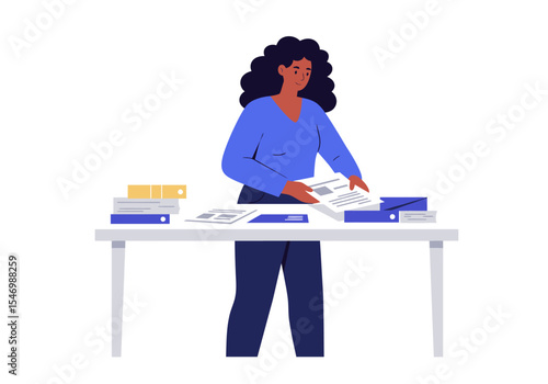 Vector Woman sorts papers at desk with folders and calculator
