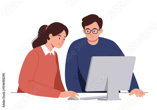 Woman uses a computer beside a man in glasses