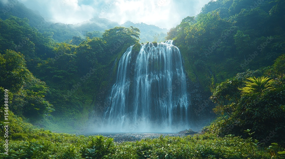 Fototapeta premium Lush waterfall cascading into a tranquil pool, nestled within a dense, vibrant green forest