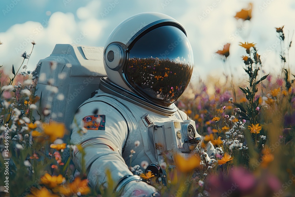 Astronaut rests amidst vibrant wildflowers, a surreal blend of space exploration and natural beauty Astronaut rests amidst vibrant wildflowers, a surreal blend of space exploration and natural beauty