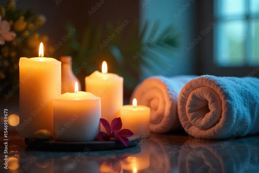 Luxurious candlelit spa scene featuring soothing candles, essential oils, and soft towels, creating a serene and relaxing atmosphere perfect for self-care , bath products, ambiance, lifestyle Luxurious candlelit spa scene featuring soothing candles, essential oils, and soft towels, creating a serene and relaxing atmosphere perfect for self-care , bath products, ambiance, lifestyle
