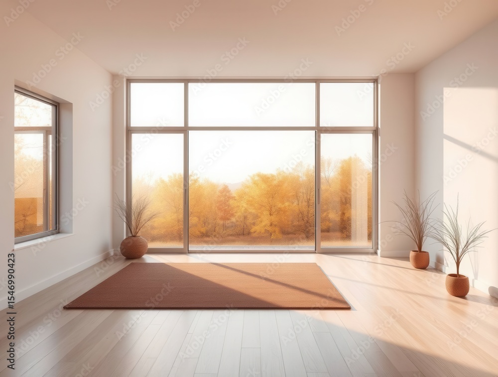 Fototapeta premium Spacious modern empty room with large windows and city view