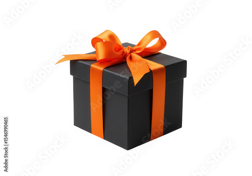 Black gift box with orange ribbon isolated on transparent background