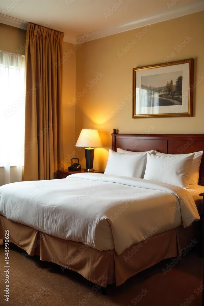 A warm and inviting motel room, freshly made bed, soft lighting, and a welcoming atmosphere Perfect for travel, vacation, or a quick overnight stay , chair, bedding, pillows A warm and inviting motel room, freshly made bed, soft lighting, and a welcoming atmosphere Perfect for travel, vacation, or a quick overnight stay , chair, bedding, pillows