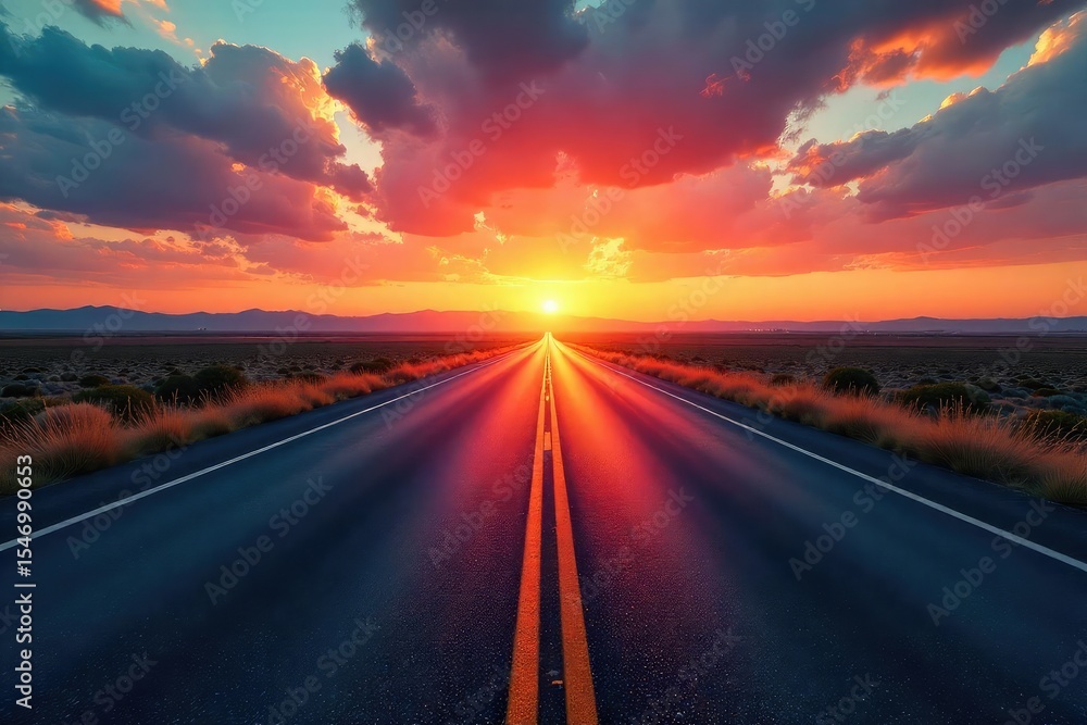Endless highway stretching towards a vibrant sunset, creating a sense of freedom and adventure on an open road journey , horizon line, exploration, nature Endless highway stretching towards a vibrant sunset, creating a sense of freedom and adventure on an open road journey , horizon line, exploration, nature