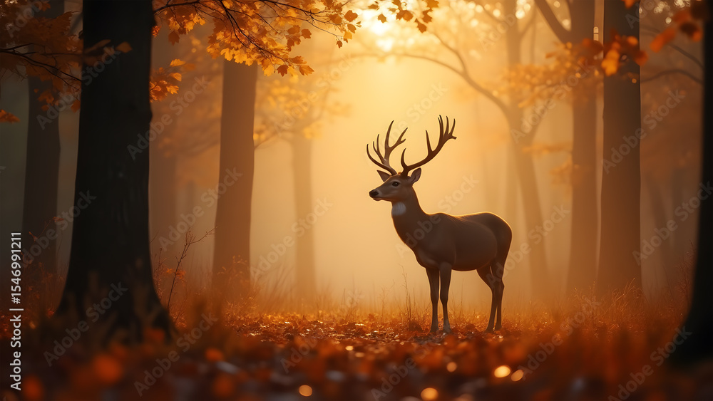 Fototapeta premium Majestic Stag in Misty Golden Autumn Forest