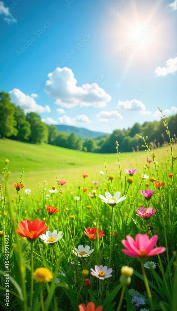 Obraz premium Sun-drenched meadow in summer, wildflowers blooming vibrantly, lush green grass swaying gently in the breeze Perfect for nature, summer, and idyllic themes , rural, colorful, serene