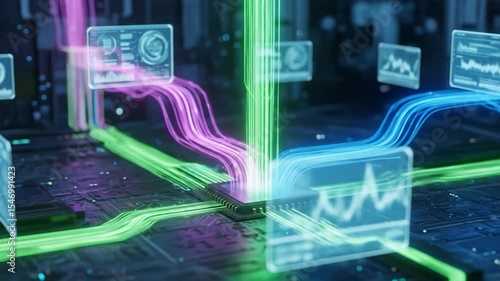 Futuristic data processing with glowing streams converging on a central chip, displaying real-time analytics