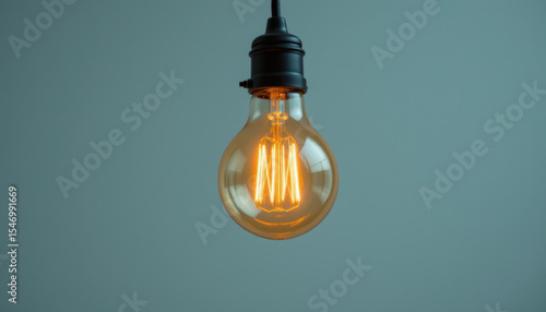 Vintage light bulb hangs elegantly from black fixture, casting warm glow against soft blue background. filament design adds touch of nostalgia and charm to modern decor
