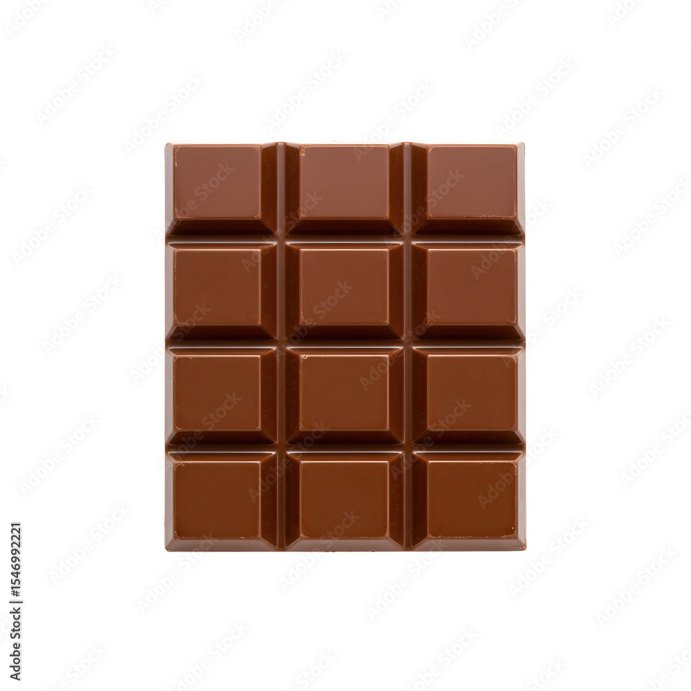 Fototapeta premium Rich brown chocolate bar with square segments, isolated on a white background