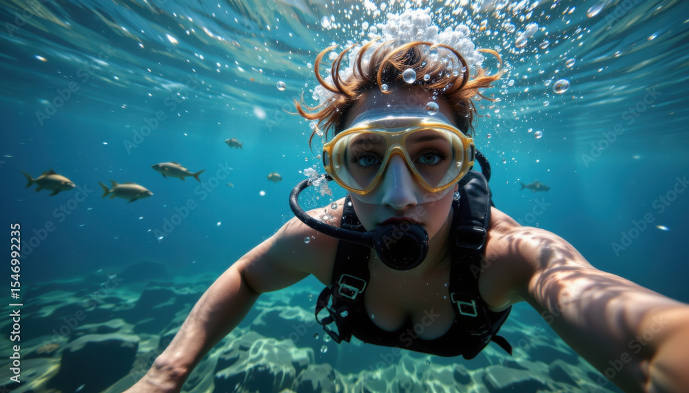 Naklejka premium Diving into vibrant underwater world, woman with snorkel and mask explores clear blue ocean, surrounded by fish and bubbles, showcasing beauty of marine life